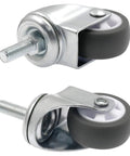 Two metal and rubber 1.5 inch swivel stem caster wheels, part of Noiseless 1.5 Inch Swivel Stem Caster Wheels Set 8 Pack For Carts And Cabinets 20 Kg Load Per Wheel 1.5 Inch Wheel M8 Stem Durable 44 Lb Capacity Each Smooth Rolling, shown from side.