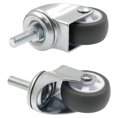 Two metal and rubber 1.5 inch swivel stem caster wheels, part of Noiseless 1.5 Inch Swivel Stem Caster Wheels Set 8 Pack For Carts And Cabinets 20 Kg Load Per Wheel 1.5 Inch Wheel M8 Stem Durable 44 Lb Capacity Each Smooth Rolling, shown from side.