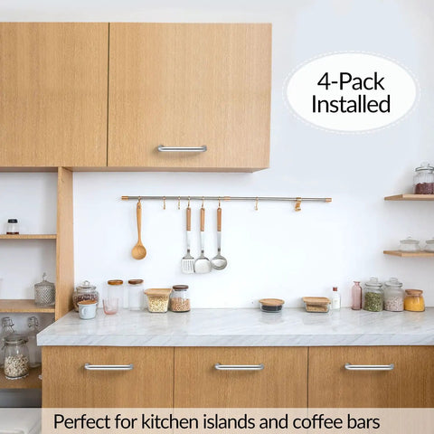 Brushed Stainless Steel Cabinet Pulls 5 Inch Hole Center on wood cabinets in kitchen, 4 pack installed.