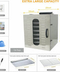 Big Batch Commercial Grade Electric Digital Food Dehydrator With Heavy Duty Trays For Fresh Fruits Veggies And Homemade Pet Jerky 1000 Watt 110 Volt Powerhouse Machine showing a stainless steel unit with 16 trays.