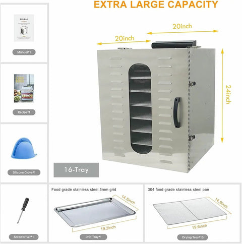 Big Batch Commercial Grade Electric Digital Food Dehydrator With Heavy Duty Trays For Fresh Fruits Veggies And Homemade Pet Jerky 1000 Watt 110 Volt Powerhouse Machine showing a stainless steel unit with 16 trays.