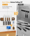 Comparison of Magnetic Knife Holder For Wall And 16 Inch Acacia Wood Knife Strip showing strong versus weak magnetic force with knives on strip.