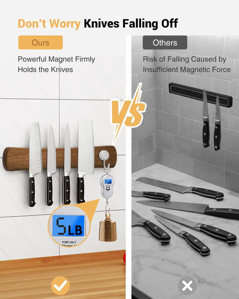 Comparison of Magnetic Knife Holder For Wall And 16 Inch Acacia Wood Knife Strip showing strong versus weak magnetic force with knives on strip.