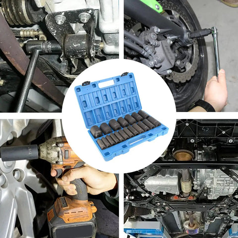 Collage of 19 Piece One Half Inch Drive Impact Socket Set Deep Six Point CrV Steel Three Eighths To One And A Half Inch Sockets in use
