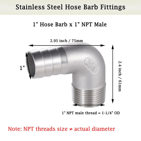 304 Stainless Steel Hose Barb Fitting 1 Inch Barbed To 1 Inch NPT Male 90 Degree Elbow For Water Fuel And Home Brew Pipe Fittings Pack Of 2