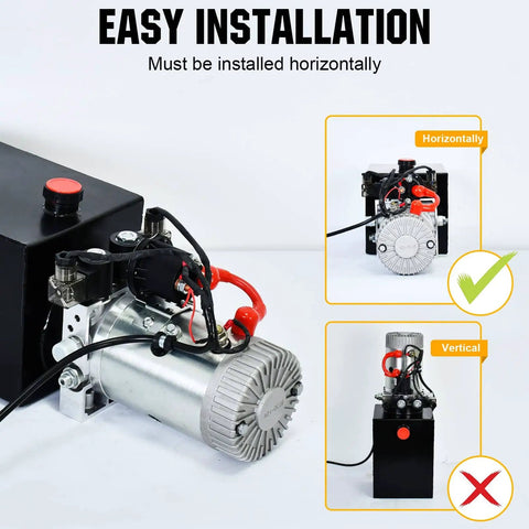 Heavy Duty 12V DC Hydraulic Power Unit with 15 Quart Reservoir and Double Acting Pump 3200 PSI Lift System, horizontal installation