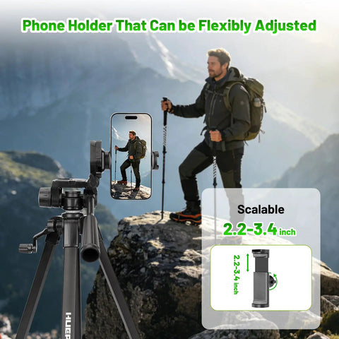 Man hiking with Pro Grade Adjustable Laser Level Tripod Extends Up To 62 Inch holding phone, showcasing flexible holder.