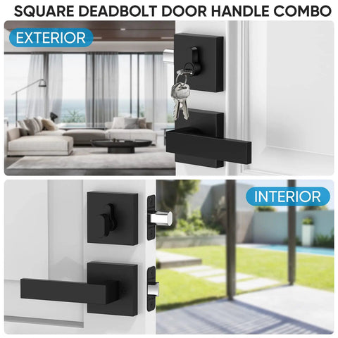 Exterior and interior view of Matte Black Heavy Duty Door Handle Set With Reversible Square Lever For Bedroom Bathroom And Hallways.