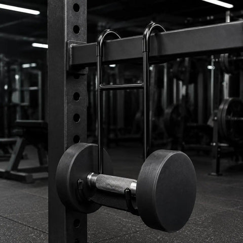 Dumbbell Hook For Pain Free Grips Non Slip Anti Fatigue Weightlifting Accessory with Solid Iron Build hanging in gym.