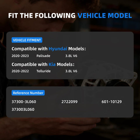 Compatibility details for Direct Fit Alternator For Kia Telluride 2020 Through 2022 And Hyundai Palisade 2020 Through 2023 Replacement Part 37300-3L060 2722099 601-10129 373003L060 Heavy Duty Durable Auto Electrical Upgrade with model years and engine specifications.