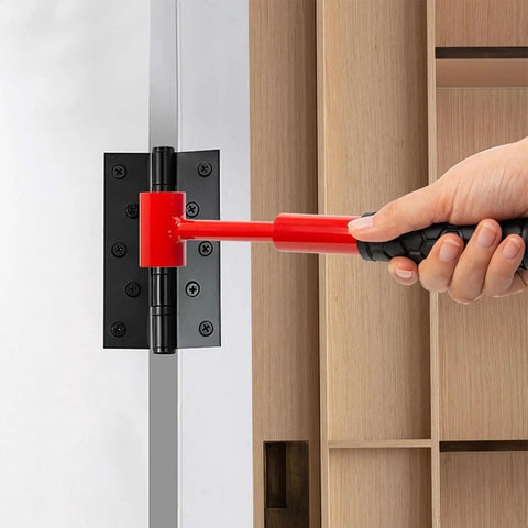 4 In 1 Door Hinge Gap Adjuster used on black hinge for door alignment in home or office, red and black ergonomic handle visible