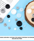 Ultimate 120 Piece Grey Silicone Hole Plug Pack With 9 Sizes For Furniture Legs And Cabinet Doors, Reusable Round Rubber Covers Perfect For Sealing Gaps And Keeping Things Snug On Any Project. Grey silicone hole plugs in 9 sizes on wood and blue background