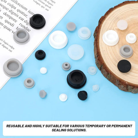 Ultimate 120 Piece Grey Silicone Hole Plug Pack With 9 Sizes For Furniture Legs And Cabinet Doors, Reusable Round Rubber Covers Perfect For Sealing Gaps And Keeping Things Snug On Any Project. Grey silicone hole plugs in 9 sizes on wood and blue background
