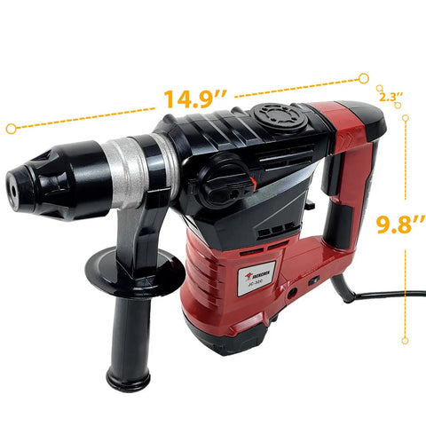 Beast 14.6 Amp Hammer Drill With One And A Quarter Inch SDS Plus, ergonomic handle, measurements for concrete and stone in red.