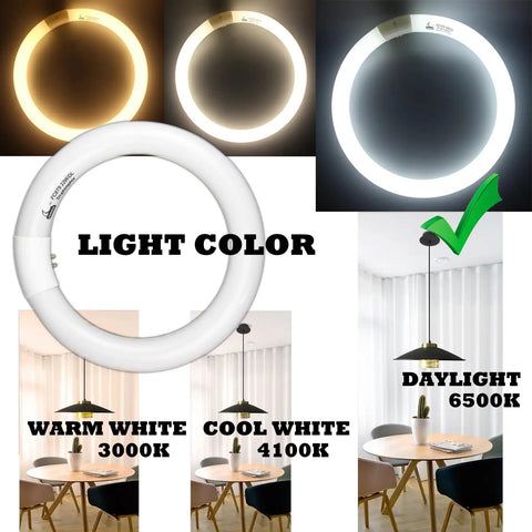 Get Your Space Lit With 8 Inch Circular Fluorescent Bulbs 22W T9 Circline 1250 Lumen Daylight 6400K G10q 4 Pin Base Energy Saving Replacement Lamps 2 Pack showing various light colors with warm white, cool white, and daylight options.
