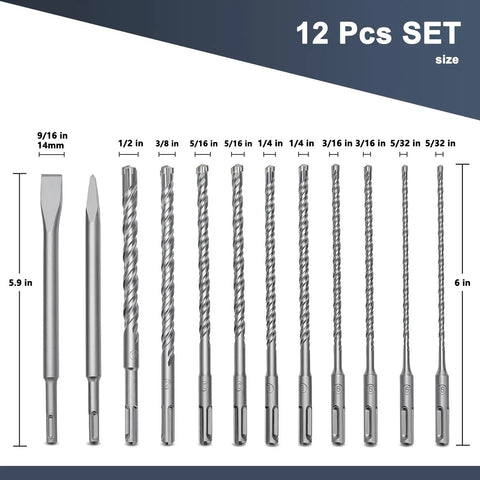 12 Piece SDS Plus Rotary Hammer Drill Bit And Chisel Set, 6 Inch Length, bits and chisels aligned, various sizes shown