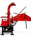 8 Inch PTO Wood Chipper With Hydraulic Infeed Red Heavy Duty Yard Debris Chipping Machine side view on white background