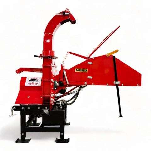 8 Inch PTO Wood Chipper With Hydraulic Infeed Red Heavy Duty Yard Debris Chipping Machine side view on white background