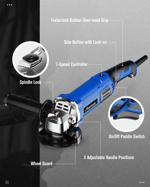 Beefy Four And A Half Inch Angle Grinder with 1000W Motor and 7 Variable Speeds, ergonomic blue body, paddle switch, side handle