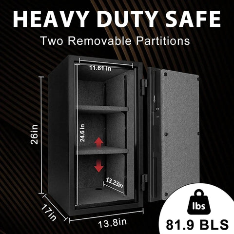 UL Certified Fireproof Safe For Home And Office 3.47 Cubic Feet Large Steel Safe Box With Digital Lock Heavy Duty Fire Resistant Security To Protect Valuables From Heat And Theft, open view showing interior shelves and dimensions.