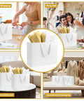 Collage of Three Pack Extra Large White Gift Bags With Handles 16 By 6 By 12 Inches Includes Six Tissue Papers in various settings