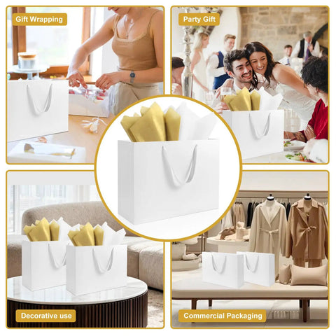 Collage of Three Pack Extra Large White Gift Bags With Handles 16 By 6 By 12 Inches Includes Six Tissue Papers in various settings