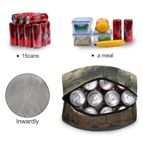 Interior of Desert Cactus Insulated Lunch Bag For Women And Men with 15 cans and meal storage, showing durable 300D and aluminum liner.