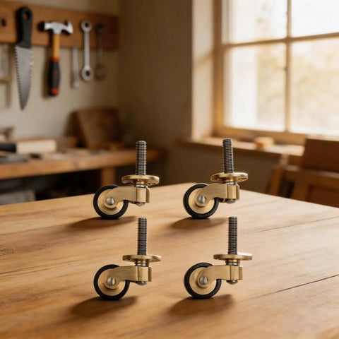 Solid Brass Caster Wheels 4pcs Silent Bearing Furniture on wooden surface, showcasing smooth and silent mobility.
