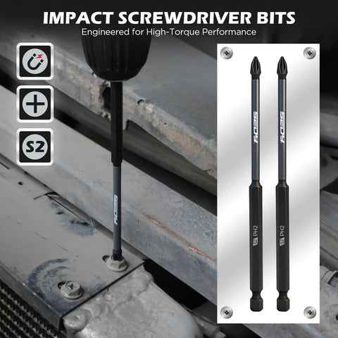Extra Long Magnetic Nut Driver Set Dope Eleven Piece SAE One Quarter To Nine Sixteenth Inch Kit With Six Inch Nut Drivers PH Two Impact Bits Telescoping Magnetic Pickup Tool Magnetic Storage Rail One Quarter Inch Hex Shank S2 Steel For Automotive And