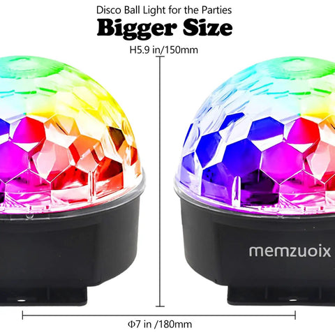 Disco Ball DJ Strobe Light With 6 Color Modes, 7 Inch Big Size, displayed on white background with size dimensions.