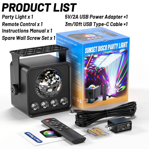 Disco Ball Party Lights With Sunset Projection and RGB UV White YGB LED DJ Stage Light set with remote and USB cable displayed.