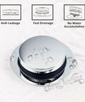 Chrome plated universal bath drain stopper and cover with tip toe design, showing anti-leakage, fast drainage, and no water accumulation features.
