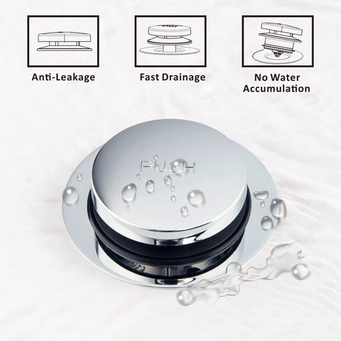 Chrome plated universal bath drain stopper and cover with tip toe design, showing anti-leakage, fast drainage, and no water accumulation features.