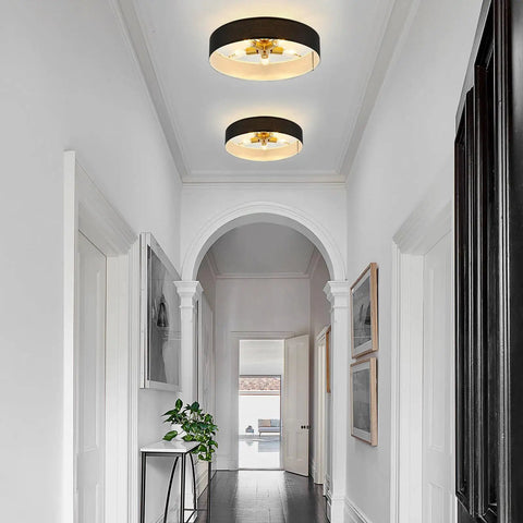Cool Modern Flush Mount Ceiling Light Fixture With Gray Linen Drum Shade And Black Canopy Four Light Overhead For Bedroom Living Room Hallway And Dining Area