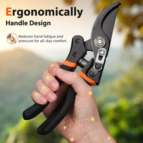 Two Piece Pruning Set With 8.5 Inch Bypass Pruner And 6.5 Inch Precision Snips, ergonomic handle design in use