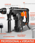 Heavy Duty 1 1/4 Inch SDS Plus Rotary Hammer Drill With 13 Amp Motor Four Function Demolition Hammer shown with accessories