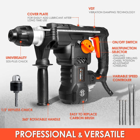Heavy Duty 1 1/4 Inch SDS Plus Rotary Hammer Drill With 13 Amp Motor Four Function Demolition Hammer shown with accessories
