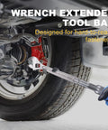 Mechanic using 2 Piece Wrench Extender Tool Set With Slim 13.4 Inch Design For Easy Leverage And Quick Access under vehicle