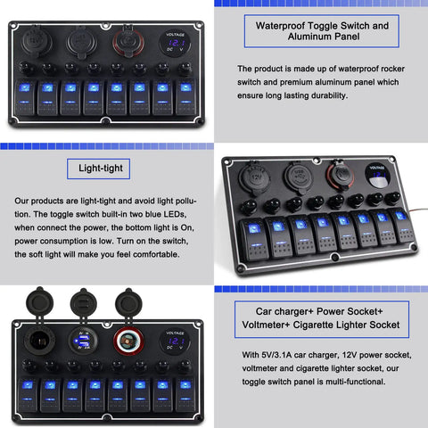Waterproof 8 Gang Boat Rocker Switch Panel with USB, voltmeter, lighter socket for RVs, cars, boats, trailers 12 to 24V