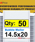 Large 14.5x20 Inches White Poly Bubble Mailers 50 Pack Self Seal Padded Envelopes Size 7 Bubble Lined Shipping Mailers Heavy Duty Protection for Safe Transit Daily, stacked bubble mailers with labels.