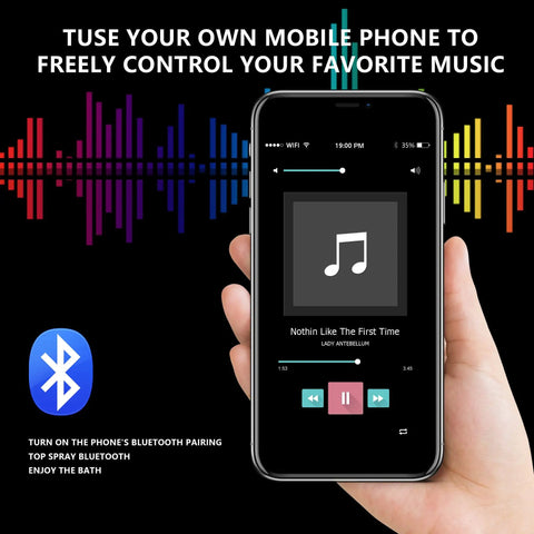 Person controlling music on a phone via Bluetooth for the Built Tough 22 Inch LED Shower System With Bluetooth Audio And Digital Thermostat Rainfall Waterfall Handheld Settings Wall Mounted Antique Brass Finish For A Super Slick Bathroom Makeover.
