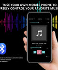 Mobile phone displaying music player app for controlling audio with Heavy Duty 22 Inch Rectangular LED Shower System Wall Mounted With Bluetooth Audio.