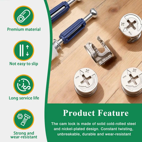 Durable 170Pcs Cam Locks Kit For Furniture 3 In 1 Eccentric Hardware Includes Cam Nuts Cam Screws Plastic Expansion Nuts For Drawers Cabinets And Dressers Made From Solid Cold Rolled Steel Nickel Plated For Built To Last Heavy Duty Use showing components on wood surface