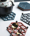 Geometric trivets with Non Slip Rubber Leg Caps Eight Pack Thickened Design Furniture Pads on a kitchen counter
