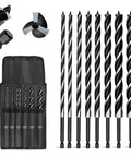 Eight-piece set of 12-inch wood auger drill bits with quick-change 1/4 in hex shank in a black fabric carrying case