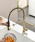 AIMADI Brushed Gold Kitchen Faucet with Pull Down Sprayer in action, washing fruits in a colander over a sink.