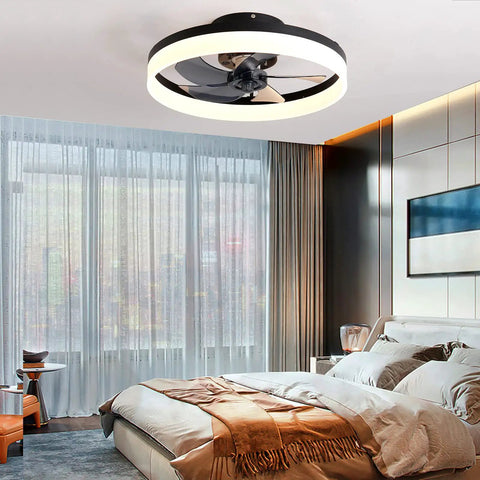 20 Inch Flush Mount Ceiling Fan With Remote And App Control Black Slick Low Profile Modern Ceiling Fan With 6 Speeds And Dimmable LED Lights Quiet Energy Efficient For Bedroom And Living Room in bedroom setting