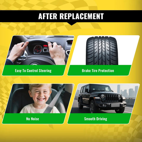 Four images showing benefits of car replacement: steering wheel for control, tire for protection, child smiling for no noise, SUV for smooth driving.