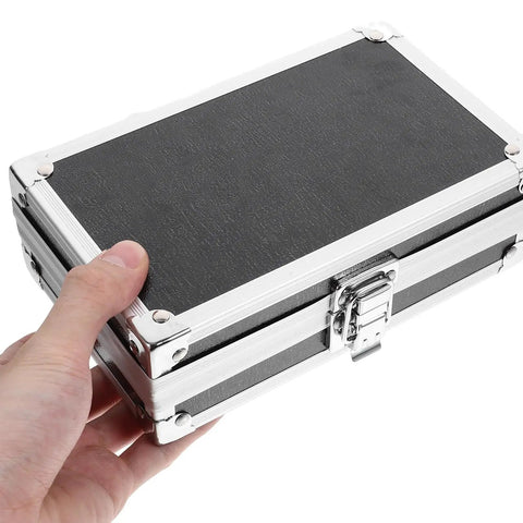 Kick Ass Aluminum Tool Case With Secure Latch And Comfy Carry Handle, held in hand, compact design for power tools storage.