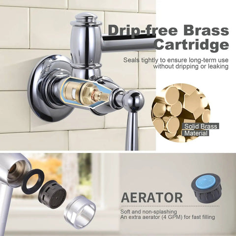 Chrome Pot Filler Faucet Wall Mount With Dual Handles And Double Joint Swing Arms featuring drip-free brass cartridge and aerator.